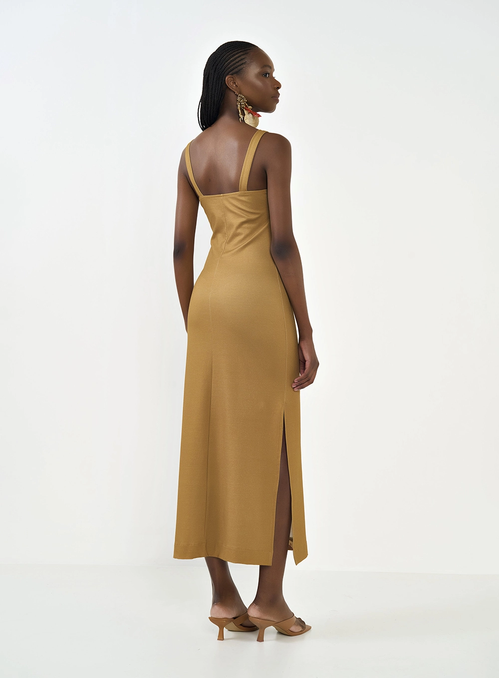 Vestido Midi Justo Com Estampa Marrom