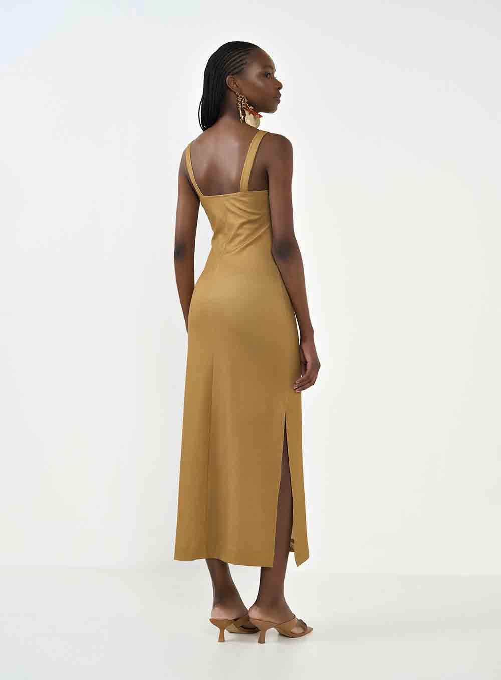 Vestido Midi Justo Com Estampa Marrom
