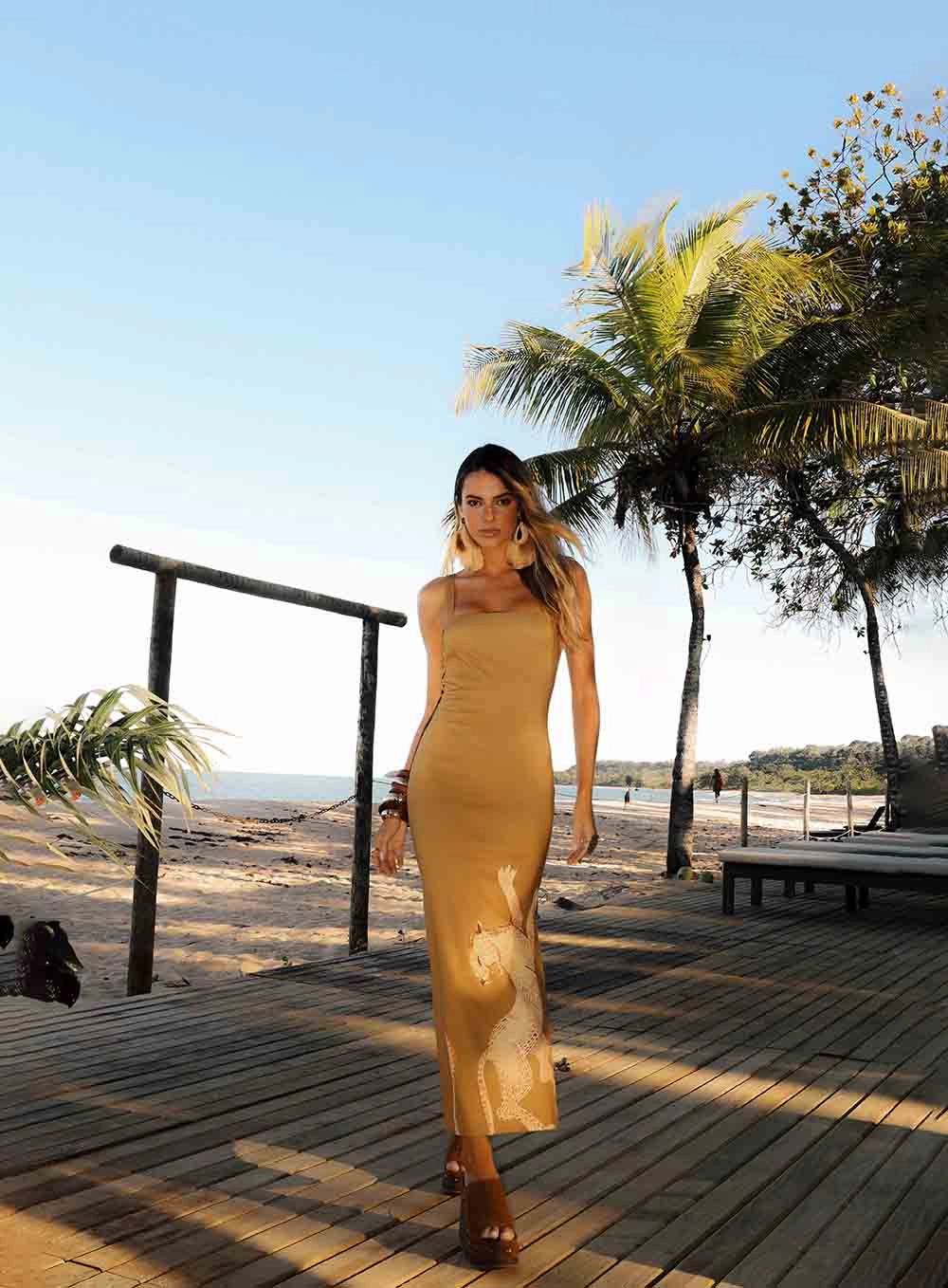 Vestido Midi Justo Com Estampa Marrom