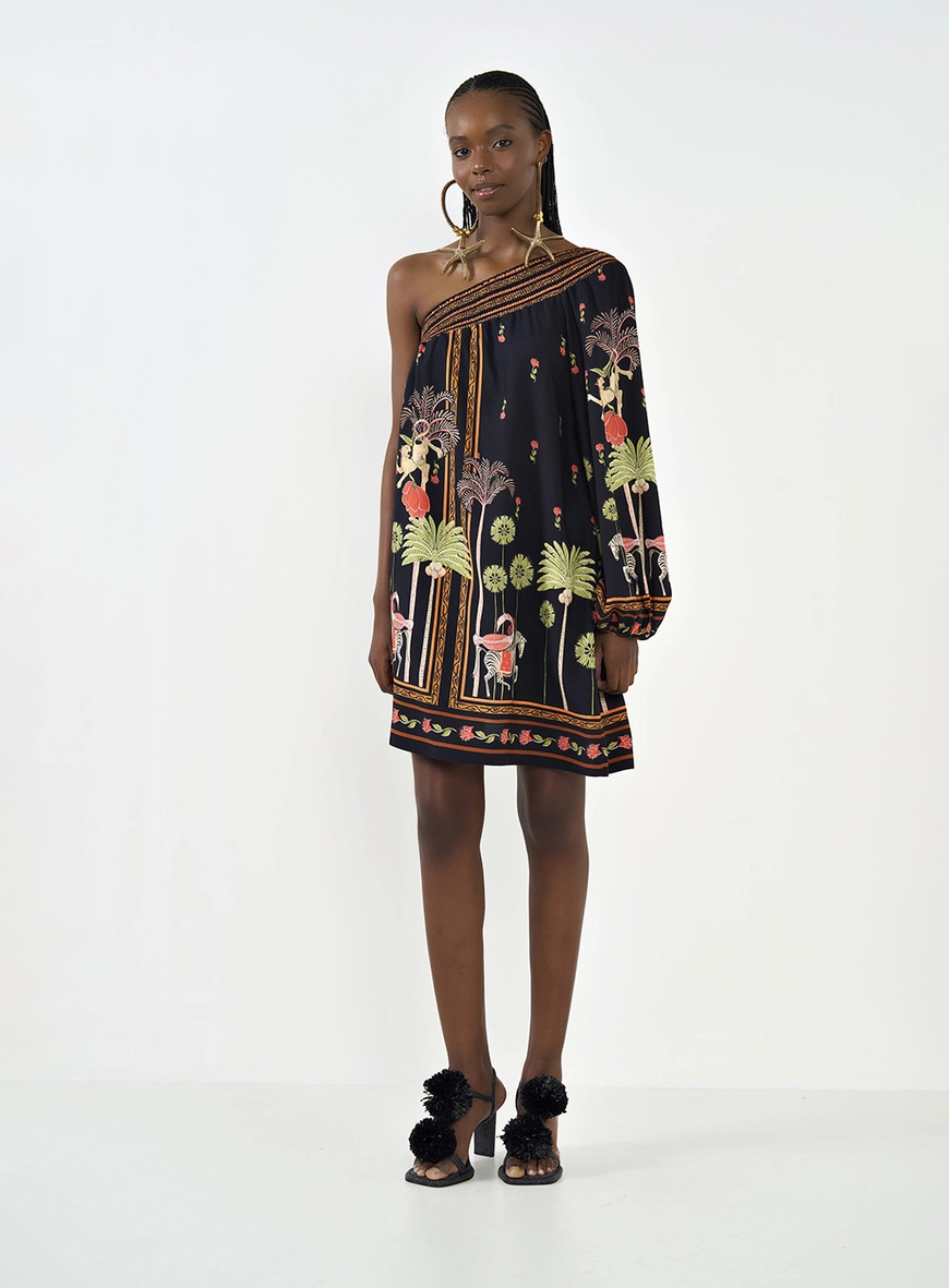 Vestido Uma Manga Estampado Solto