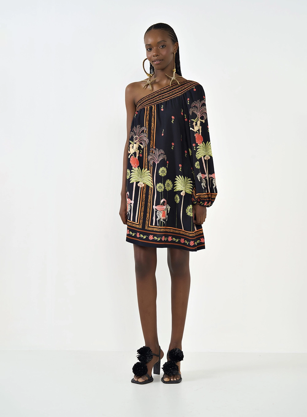 Vestido Uma Manga Estampado Solto Estampados