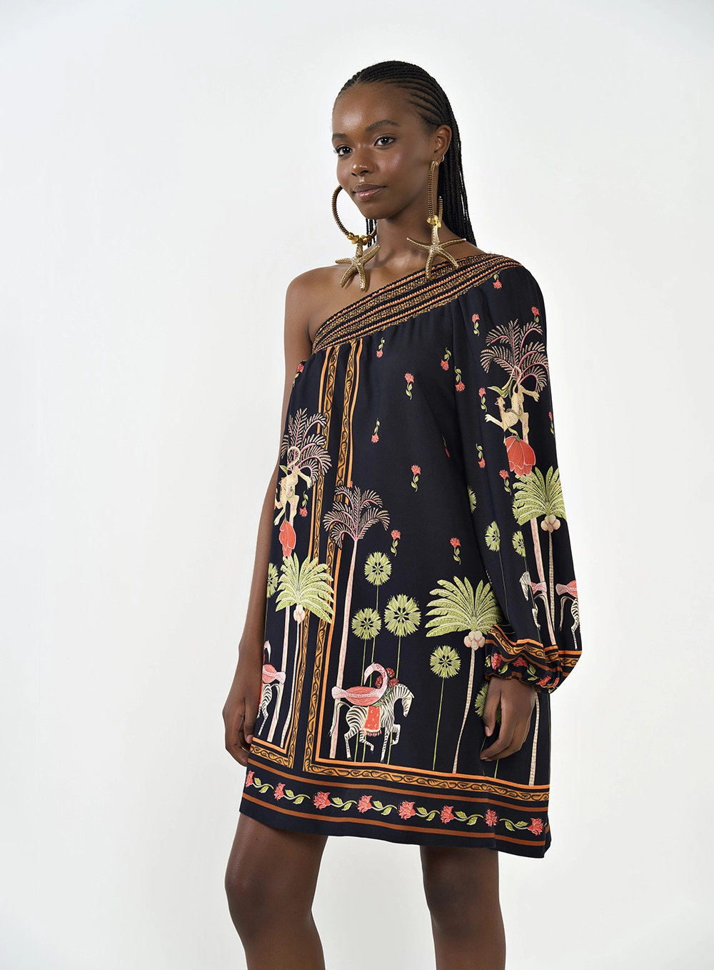 Vestido Uma Manga Estampado Solto Estampados