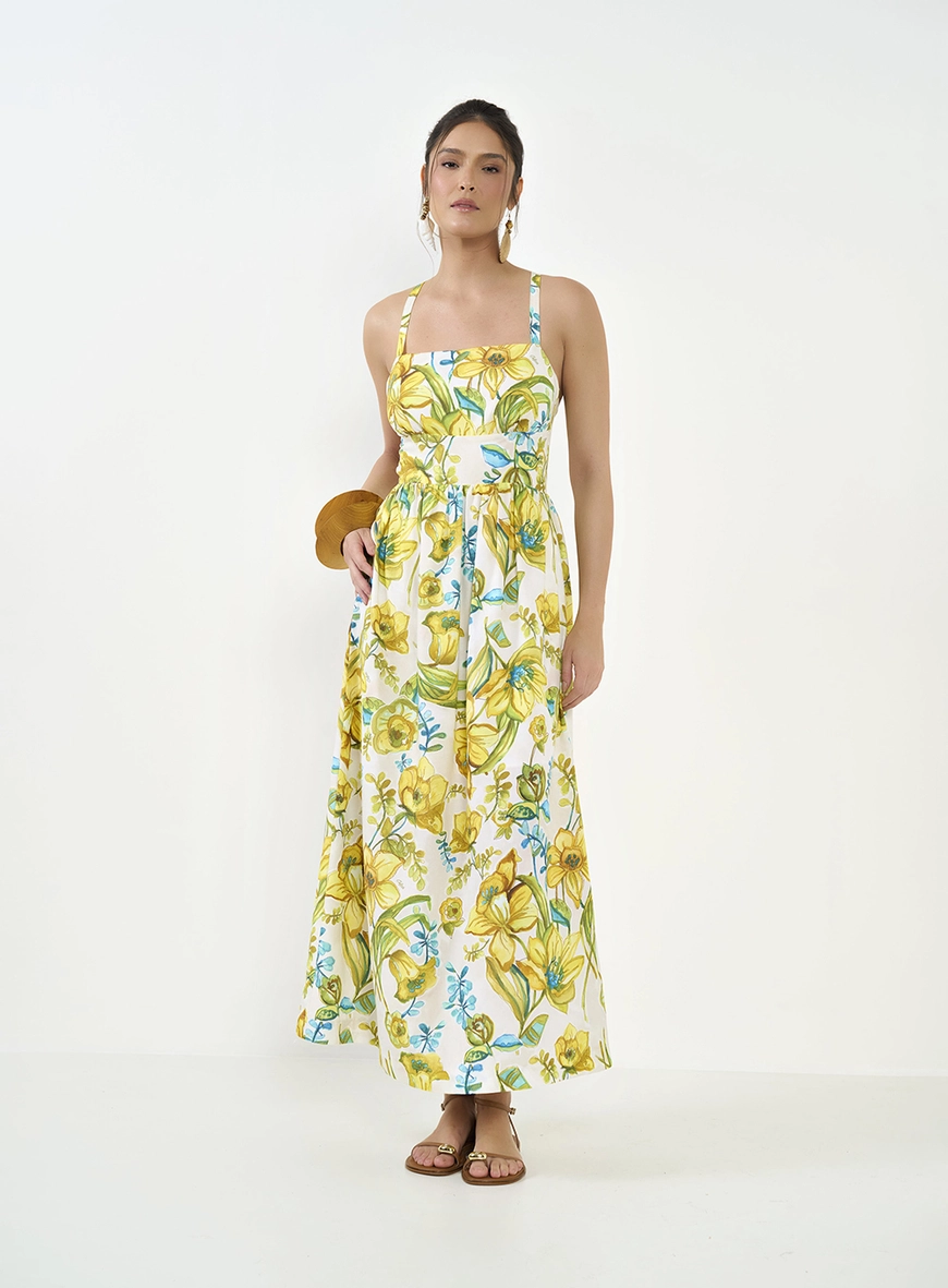 Vestido Midi Estampado Com Amarração Costas