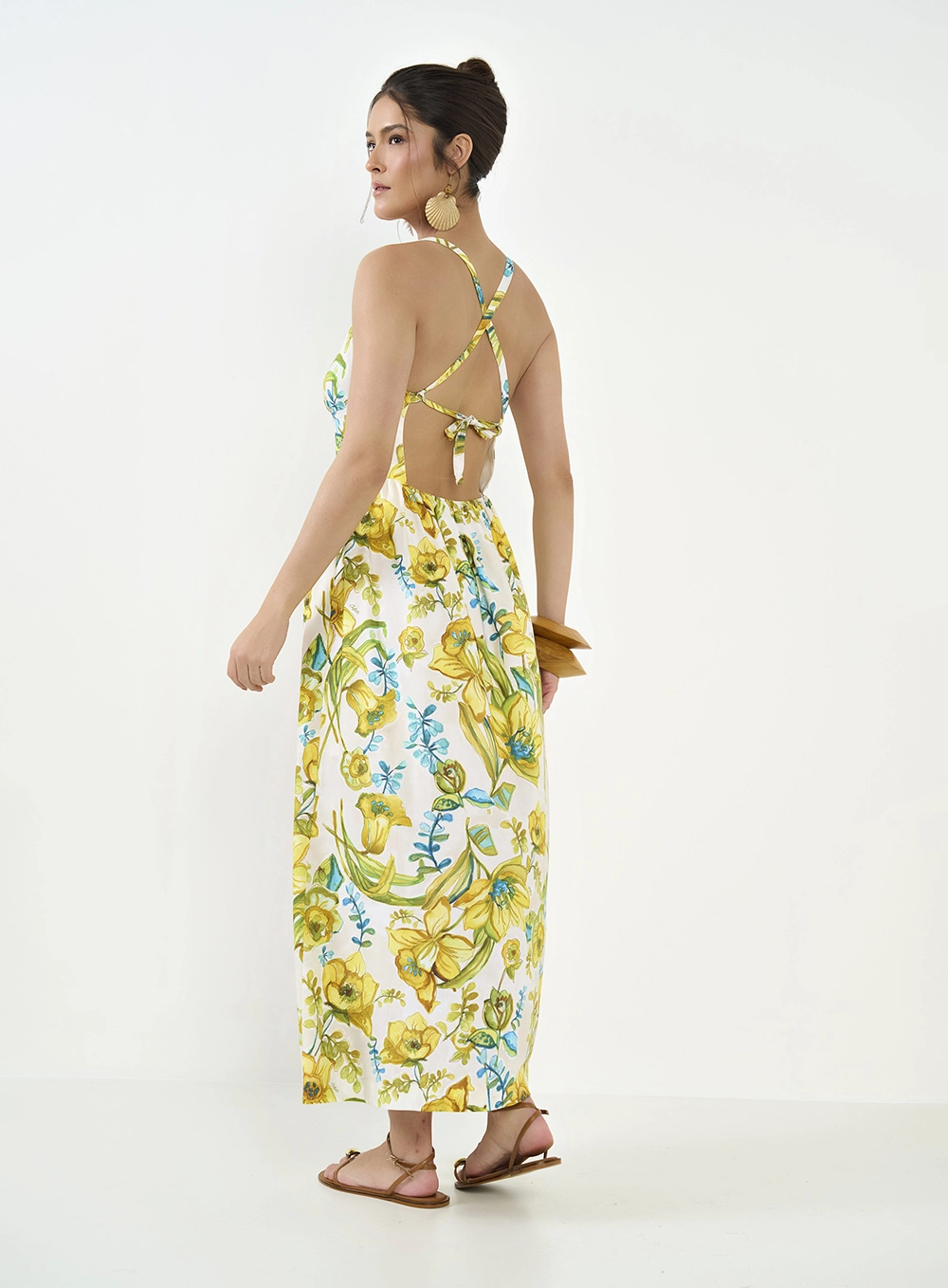 Vestido Midi Estampado Com Amarração Costas Estampados