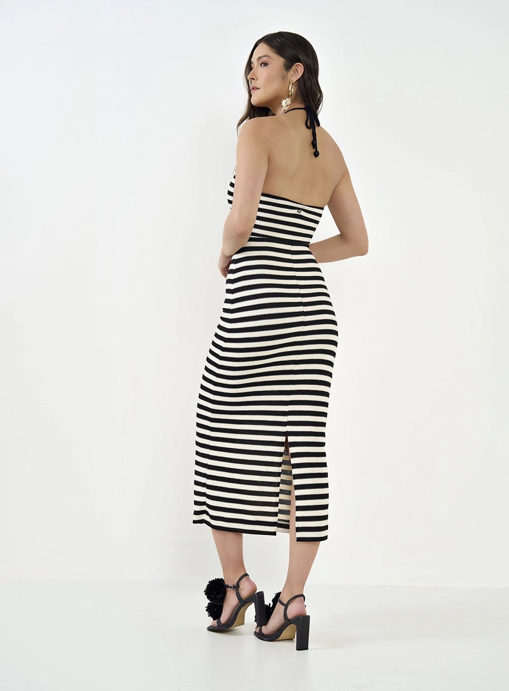 Vestido Midi Slim Listrado Com Abertura Frontal Estampados