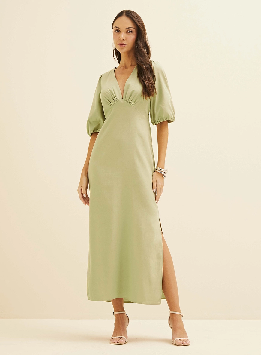 Vestido Midi Em Linho Com Mangas Amplas Verde