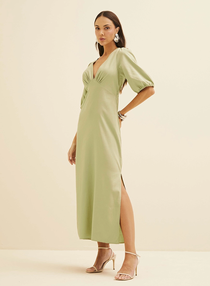 Vestido Midi Em Linho Com Mangas Amplas Verde