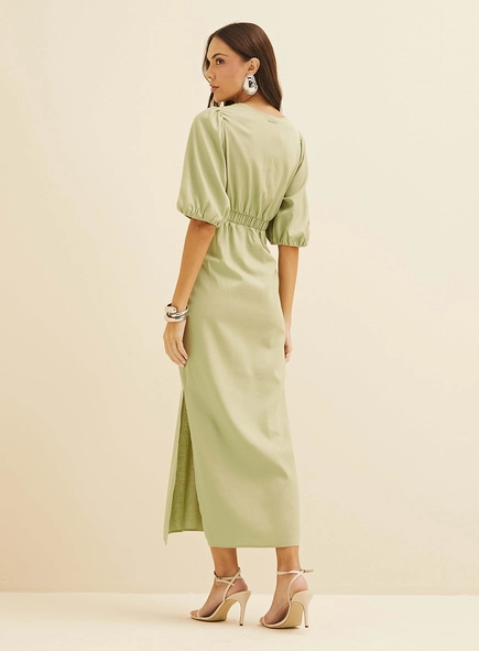 Vestido Midi Em Linho Com Mangas Amplas