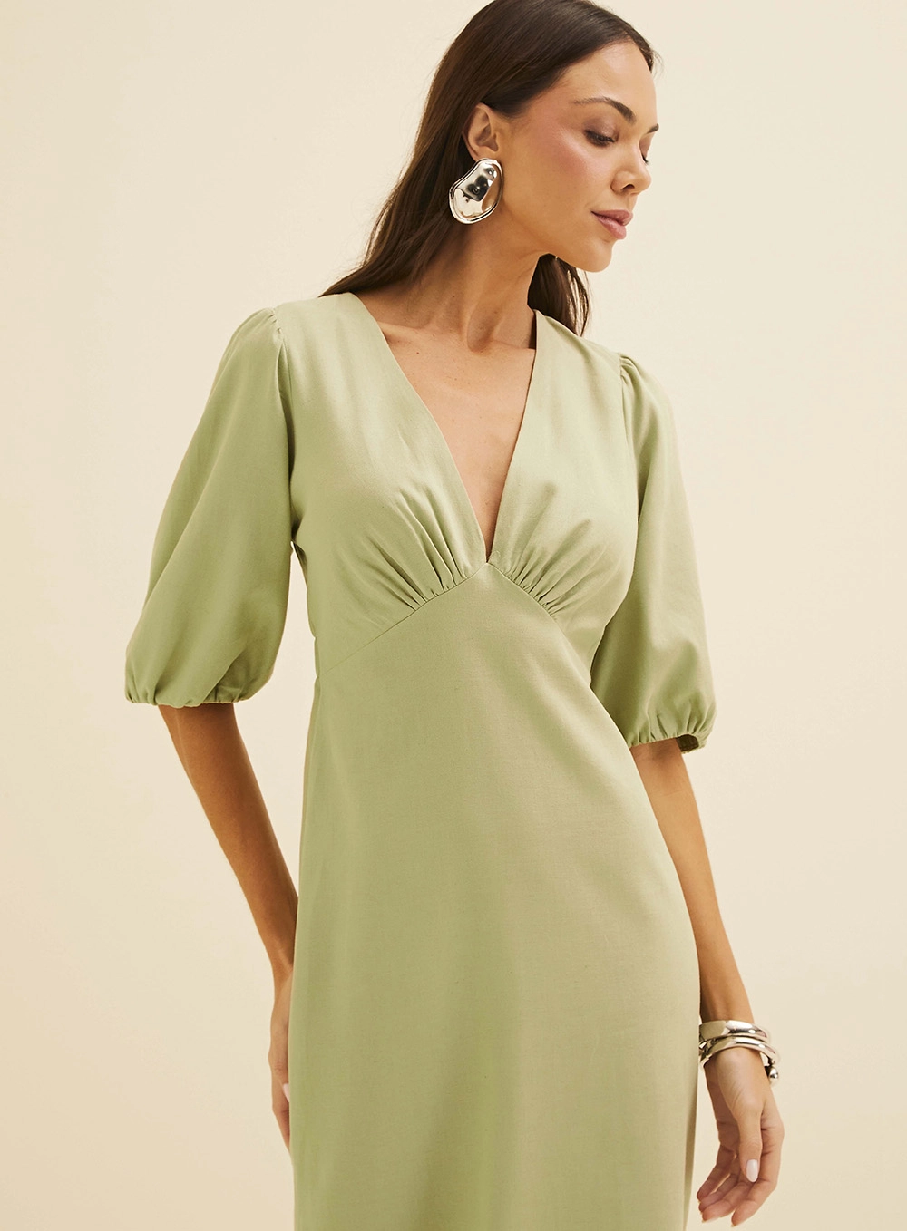 Vestido Midi Em Linho Com Mangas Amplas Verde 2