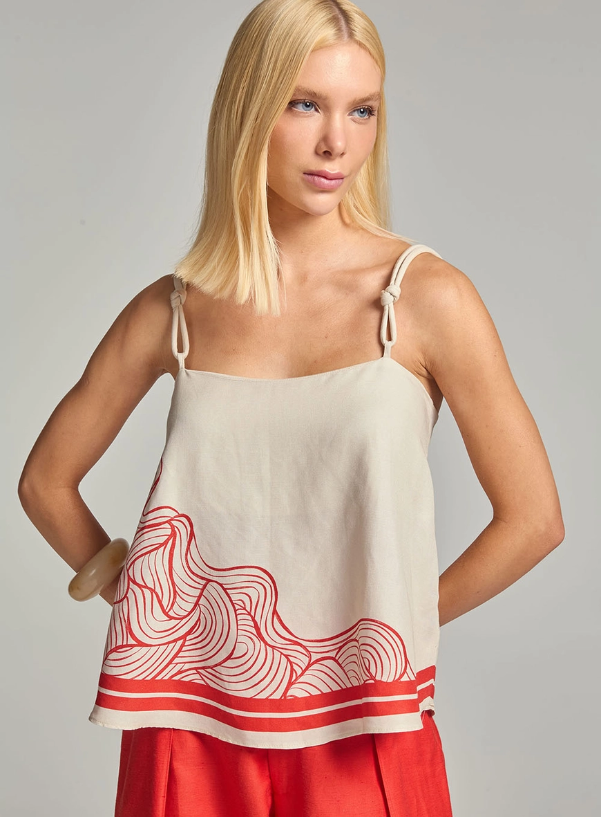 Blusa Evasê Alças Finas E Estampada Bege 2