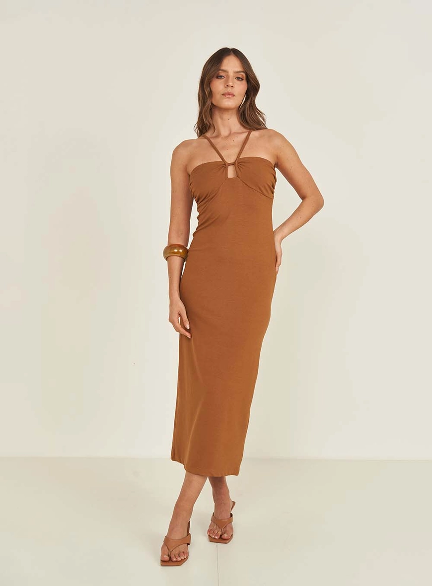 Vestido Midi Slim Com Amarração No Pescoço