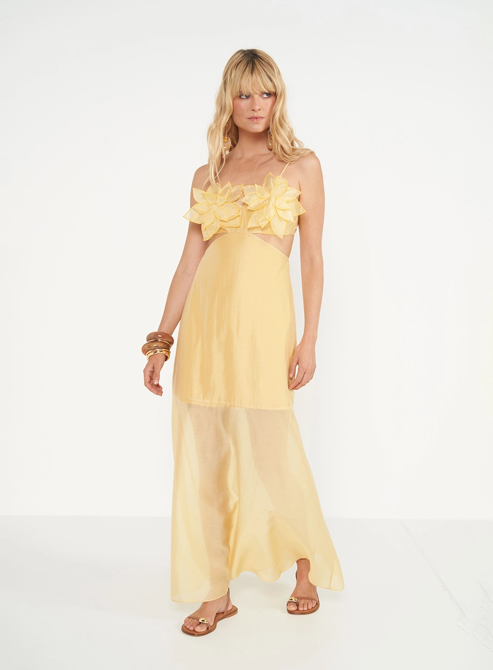 Vestido Longo Com Aplicação Floral Bege