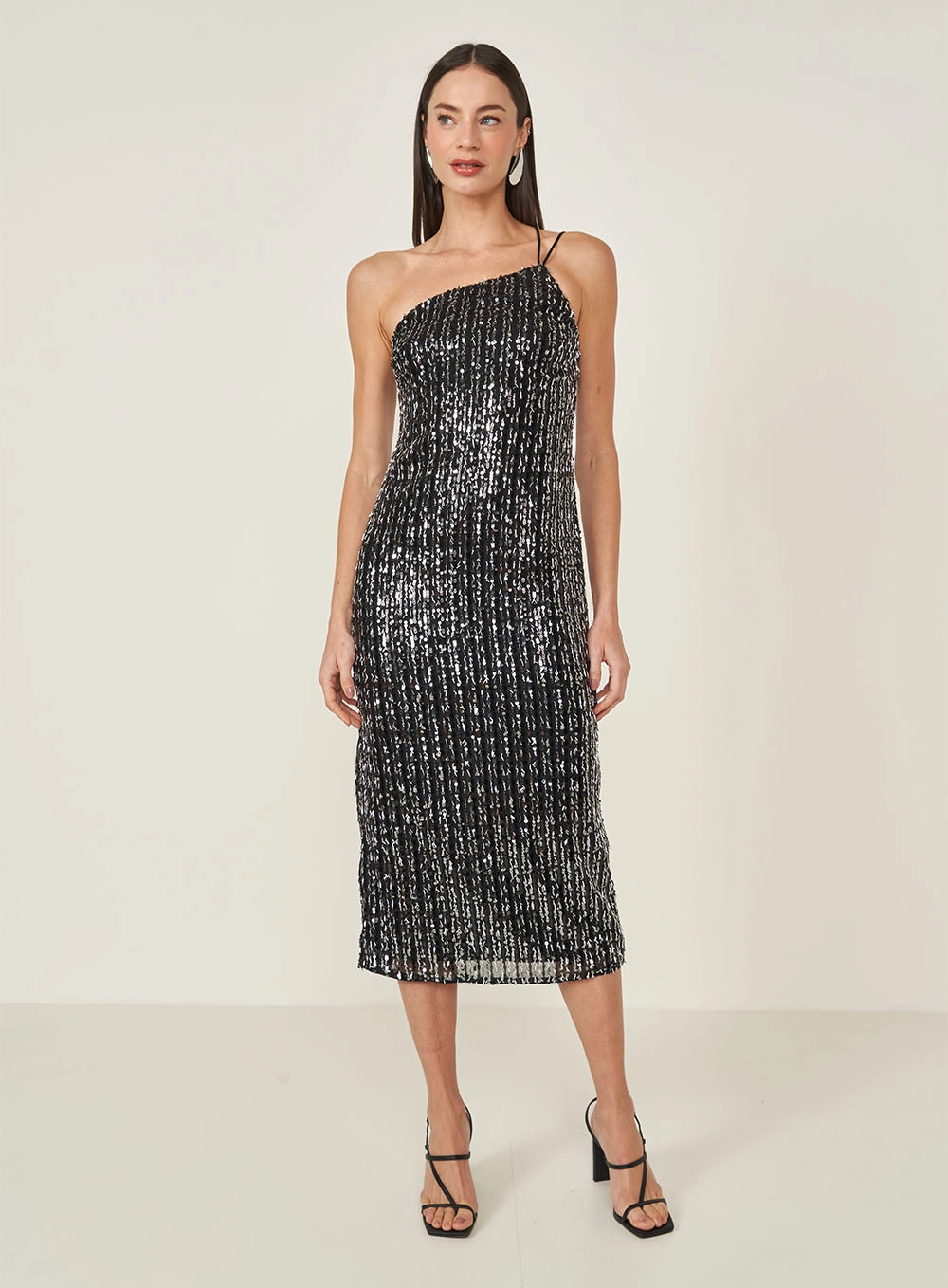 Vestido Em Paetê Uma Alça Preto