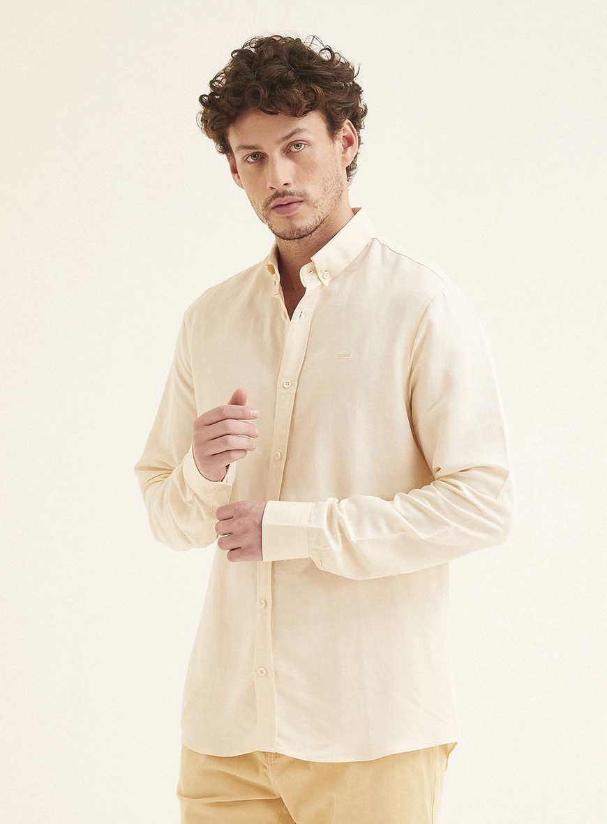 Camisa Masculina Linho Casual Manga Longa Bege 2