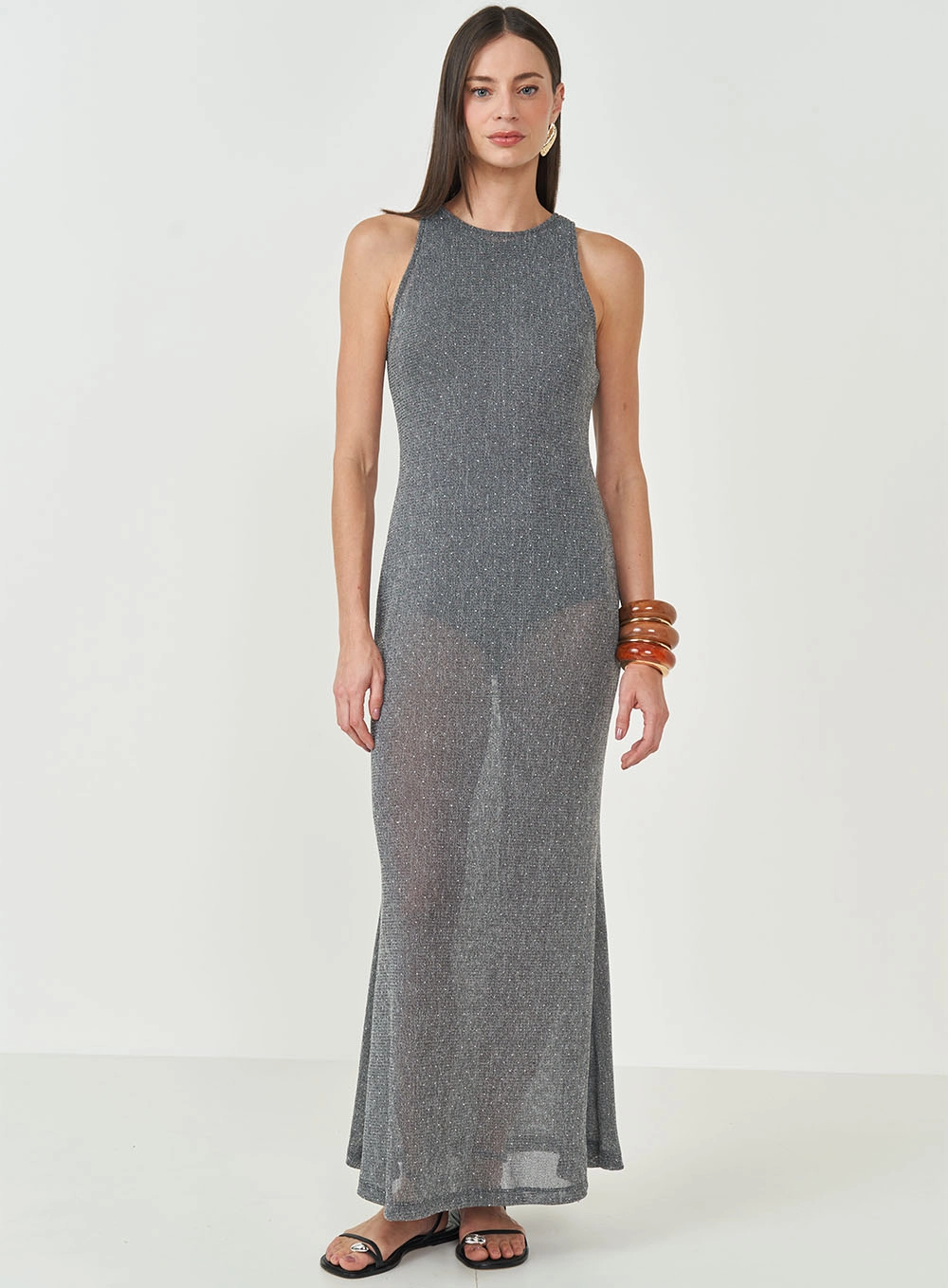 Vestido Longo Em Tricô Cinza