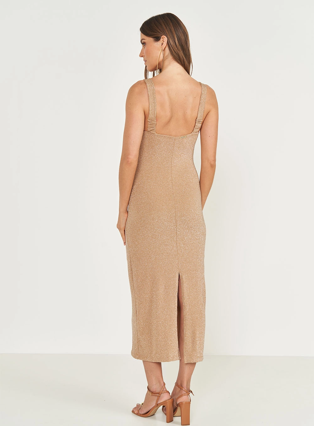 Vestido Midi Comfort Metalizado Bege