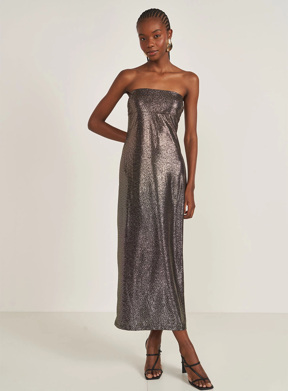 Vestido Midi Metalizado Sem Alças Preto
