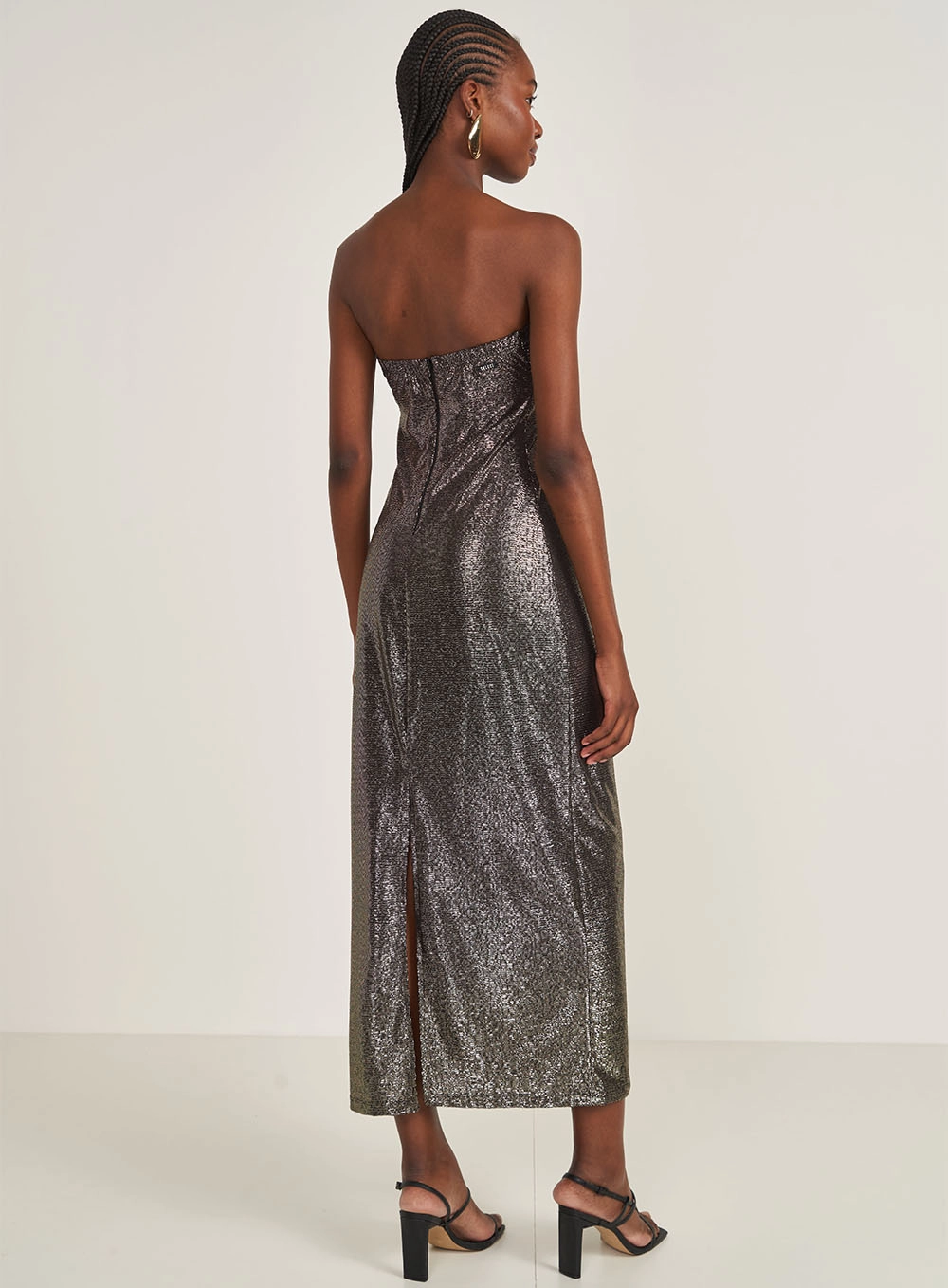Vestido Midi Metalizado Sem Alças Preto