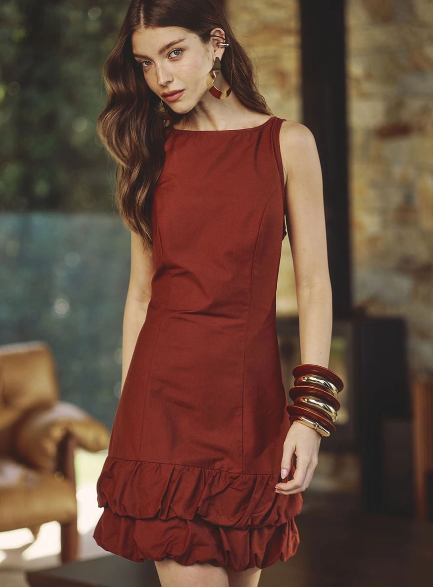 Vestido Curto Balonê Duplo Marrom 3