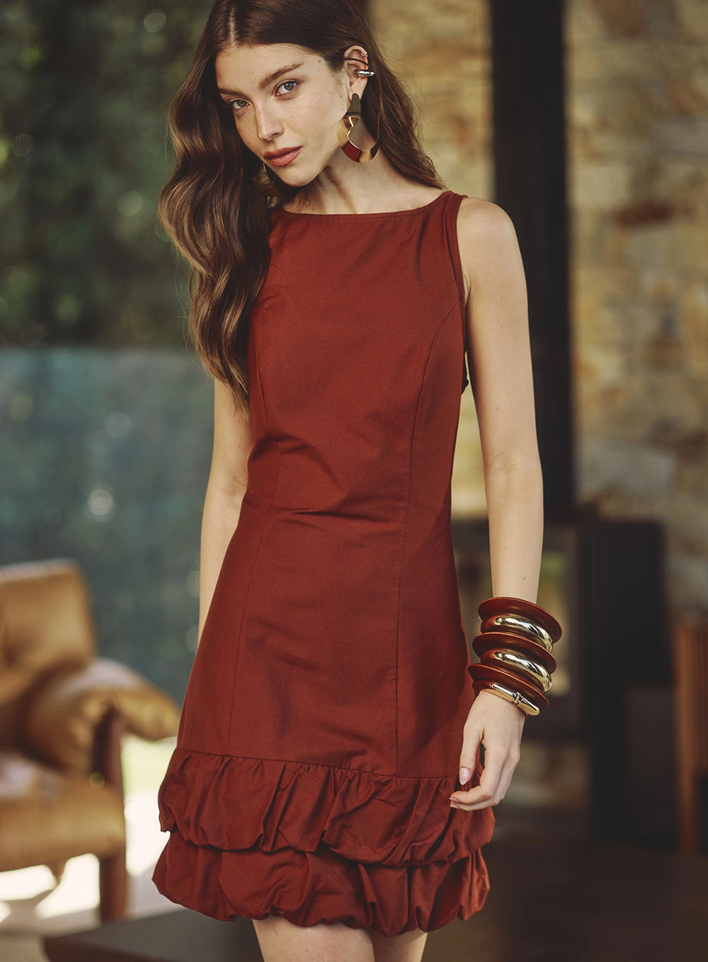 Vestido Curto Balonê Duplo Marrom 3