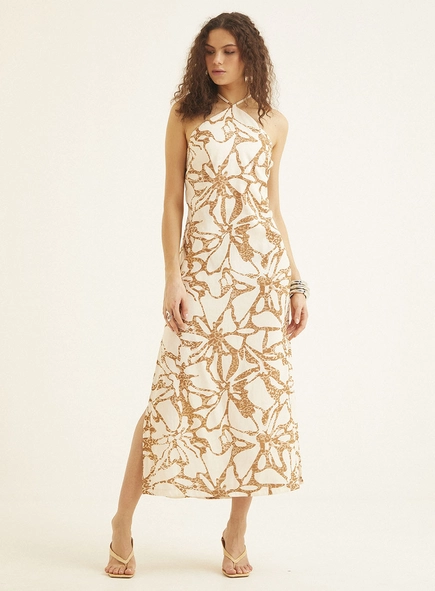 Vestido Curto De Linho Estampado Com Amarração