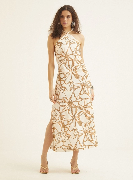 Vestido Curto De Linho Estampado Com Amarração