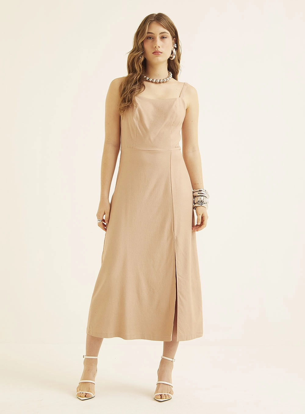 Vestido Midi Comfort Com Fenda Bege 2