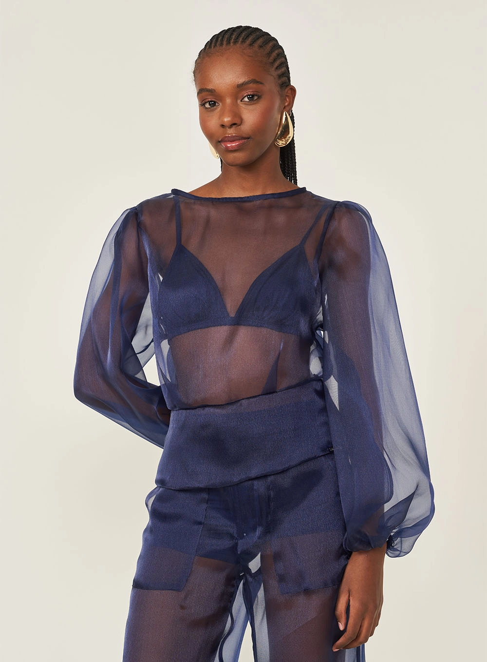 Blusa Comfort Com Mangas Bufantes Azul