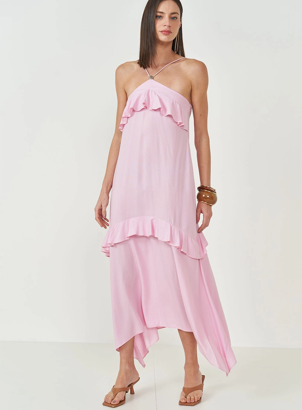 Vestido Midi Com Babados Rosa