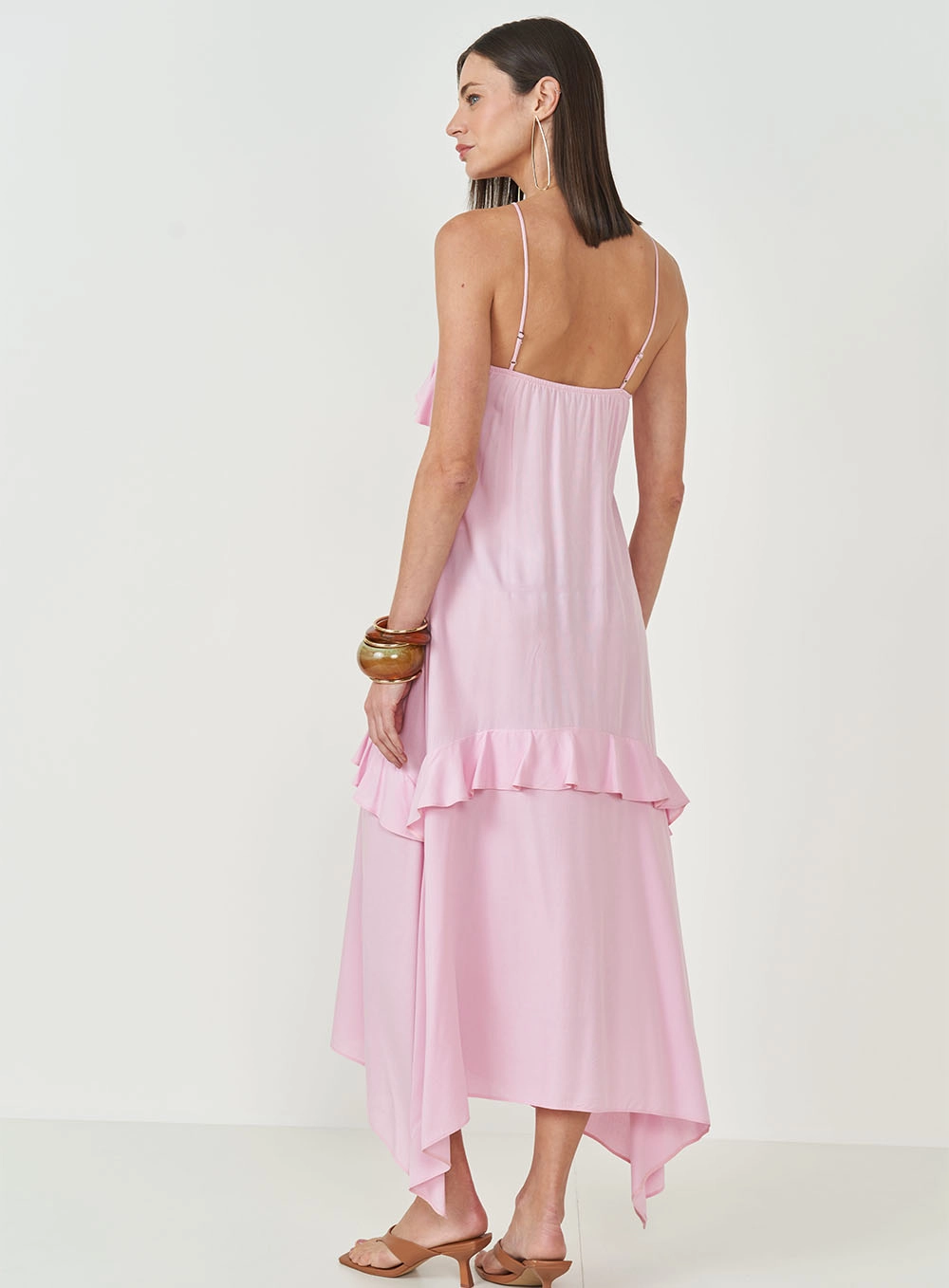 Vestido Midi Com Babados Rosa