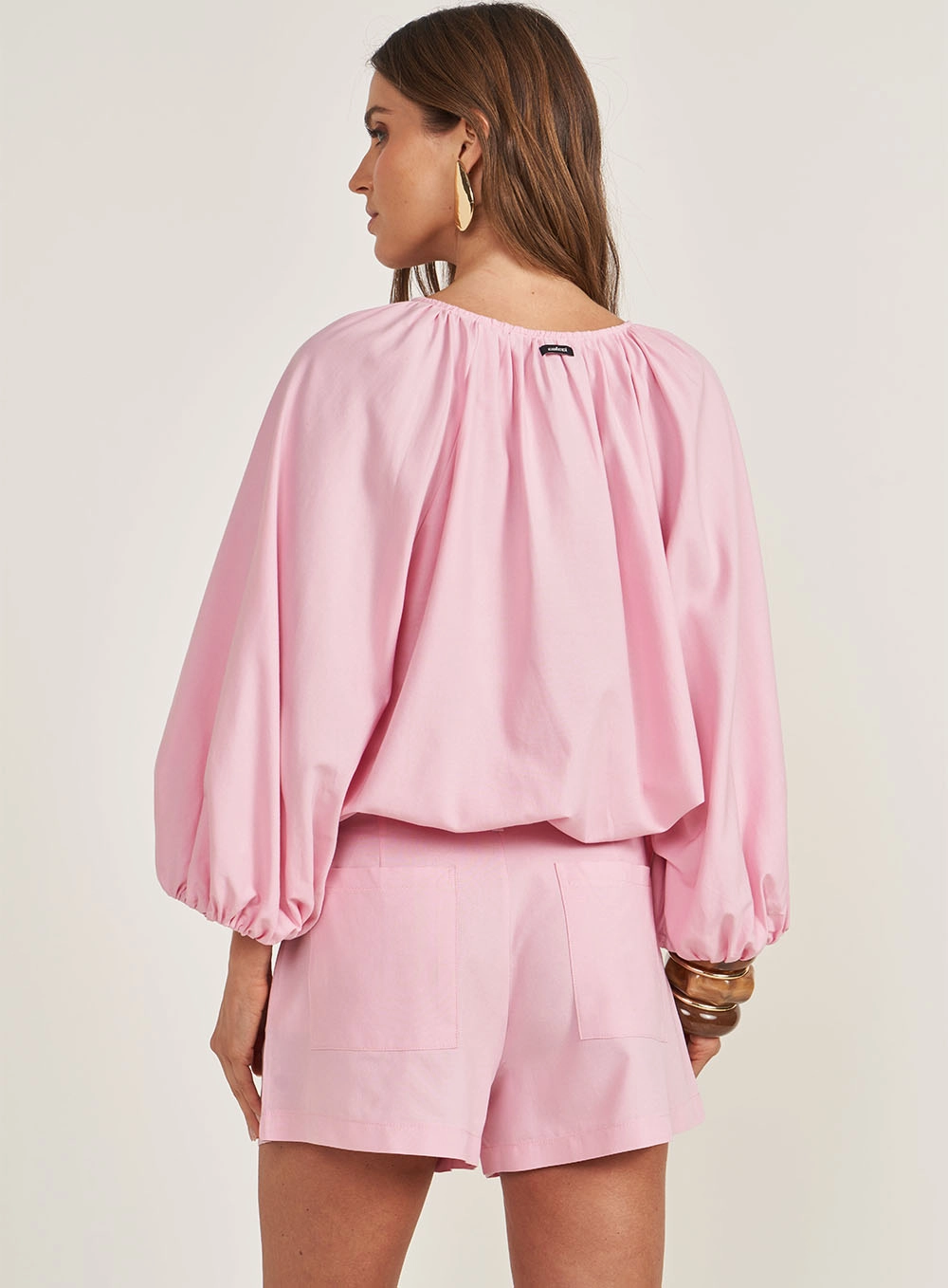 Camisa Loose Com Mangas Bufantes Rosa