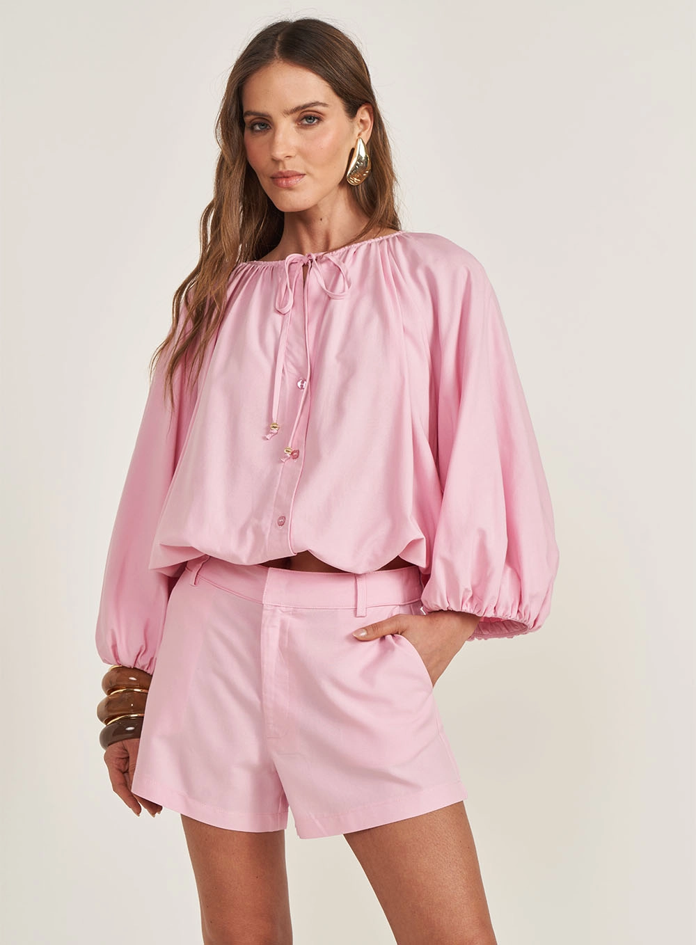 Camisa Loose Com Mangas Bufantes Rosa