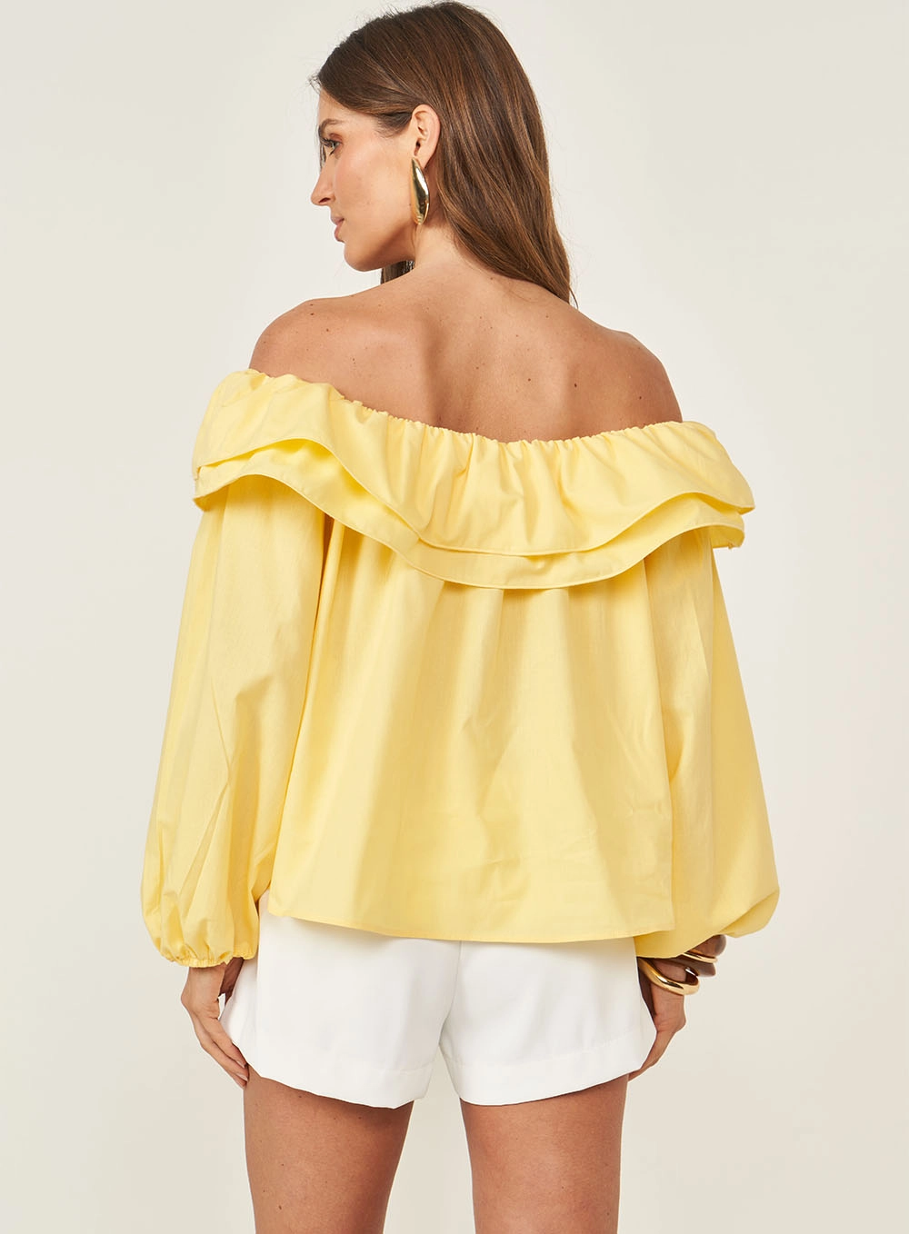 Blusa Ombro A Ombro Com Babados Amarelo