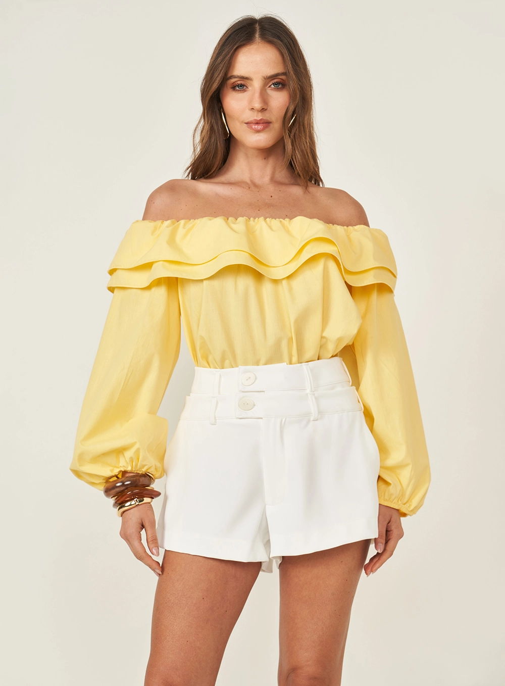 Blusa Ombro A Ombro Com Babados Amarelo