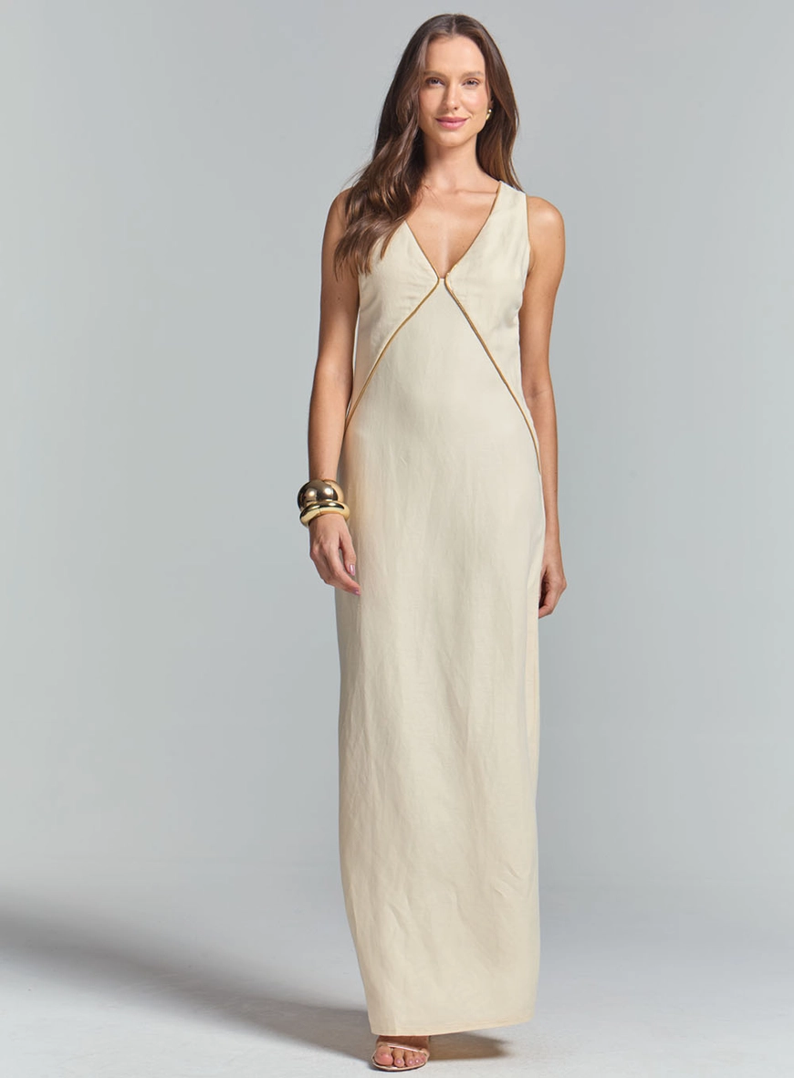 Vestido Longo Comfort Com Decote V Bege 2