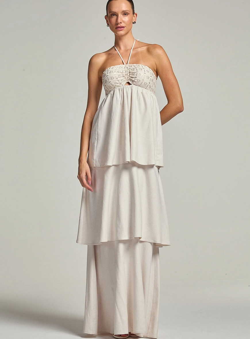 Vestido Longo Linho Com Detalhe Bordado Bege 2