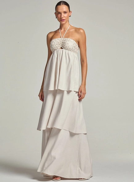 Vestido Longo Linho Com Detalhe Bordado