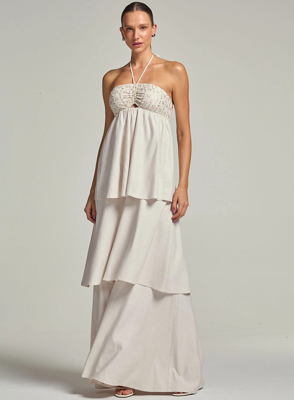 Vestido Longo Linho Com Detalhe Bordado Bege 1
