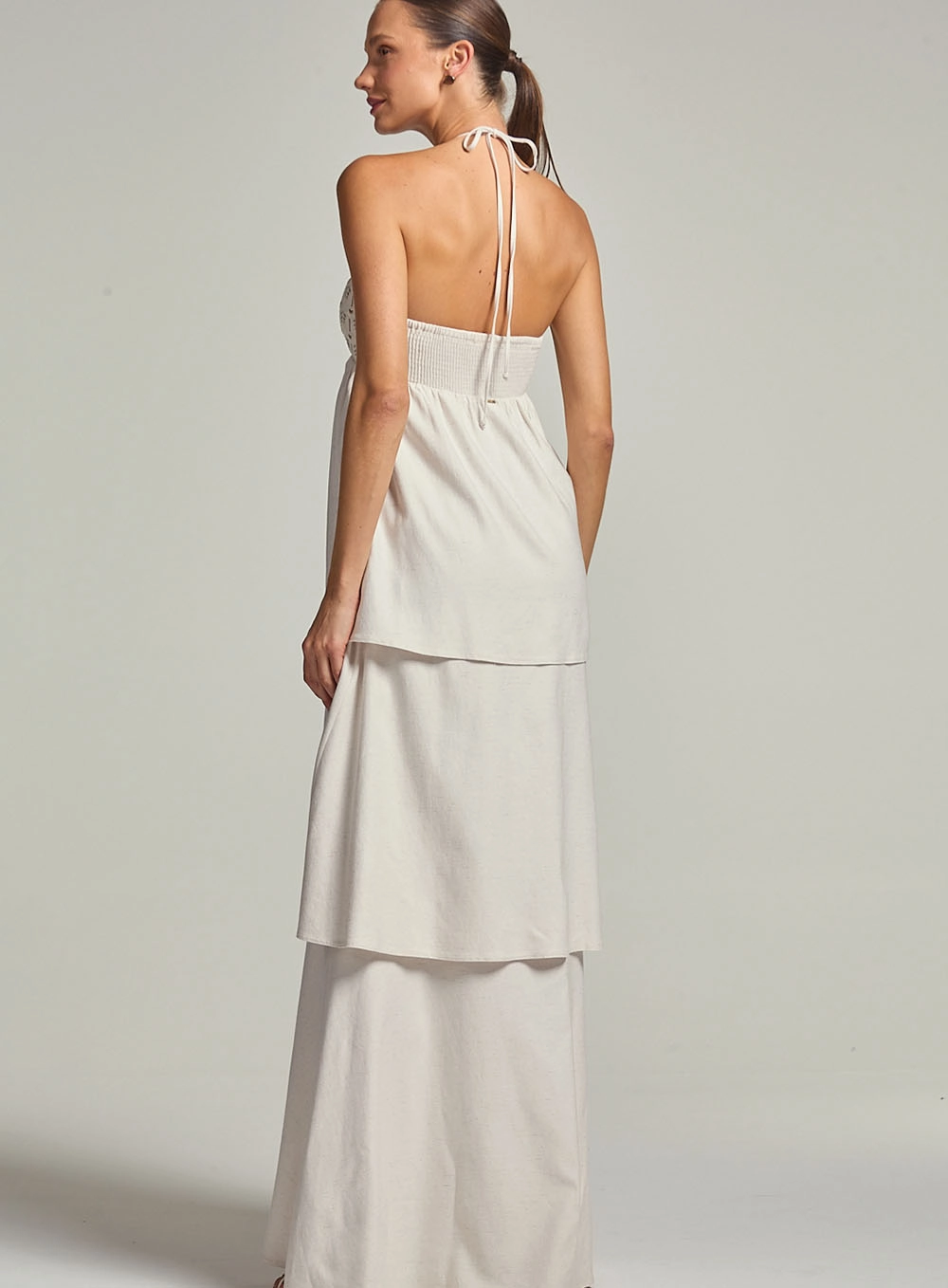 Vestido Longo Linho Com Detalhe Bordado Bege 4