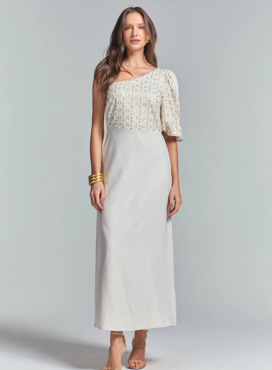 Vestido Midi Evasê Ombro Só Com Detalhe Bordado Bege 2