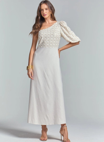 Vestido Midi Evasê Ombro Só Com Detalhe Bordado