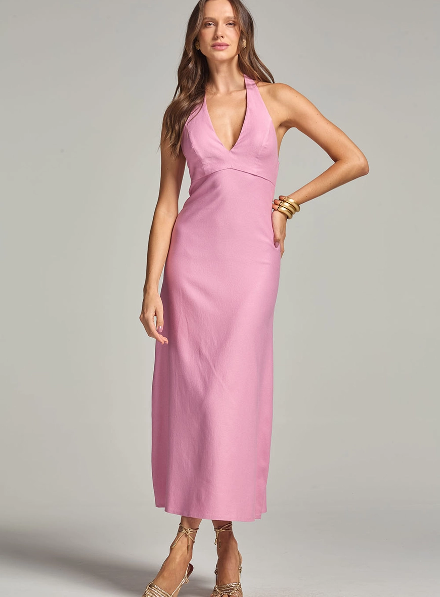 Vestido Longo Frente Única Com Amarração E Recorte Rosa 1