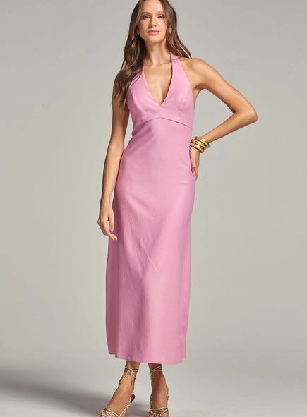 Vestido Longo Frente Única Com Amarração E Recorte