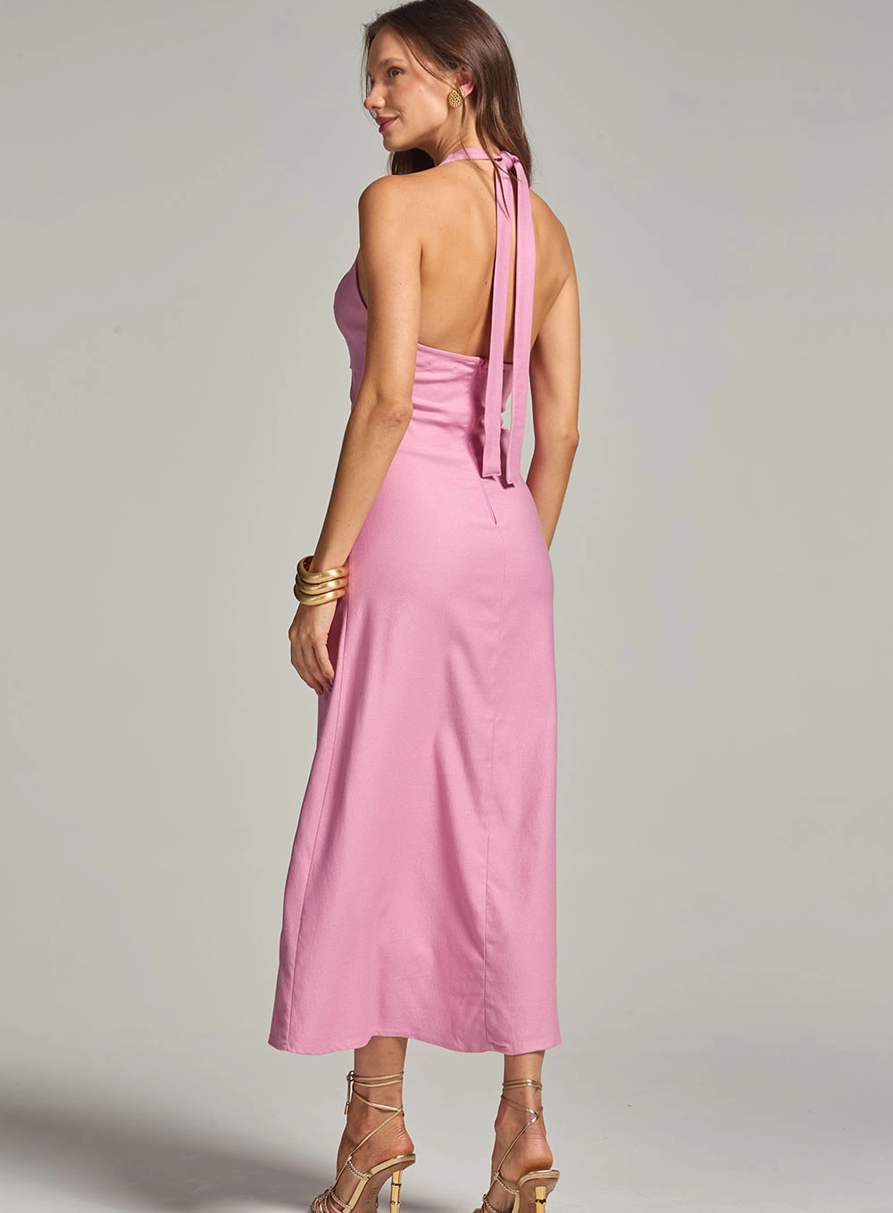Vestido Longo Frente Única Com Amarração E Recorte Rosa 4