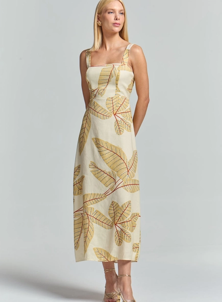Vestido Longo Evasê Alça Larga E Decote Quadrado