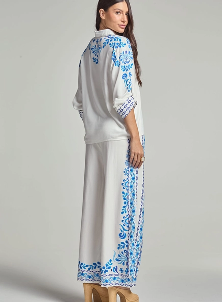 Calça Reta Estampada Com Elástico Para Amarração