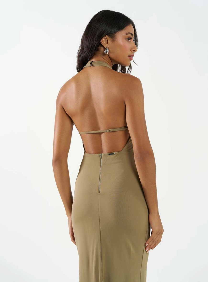 Vestido Slim Midi Decote Costas Bege 3