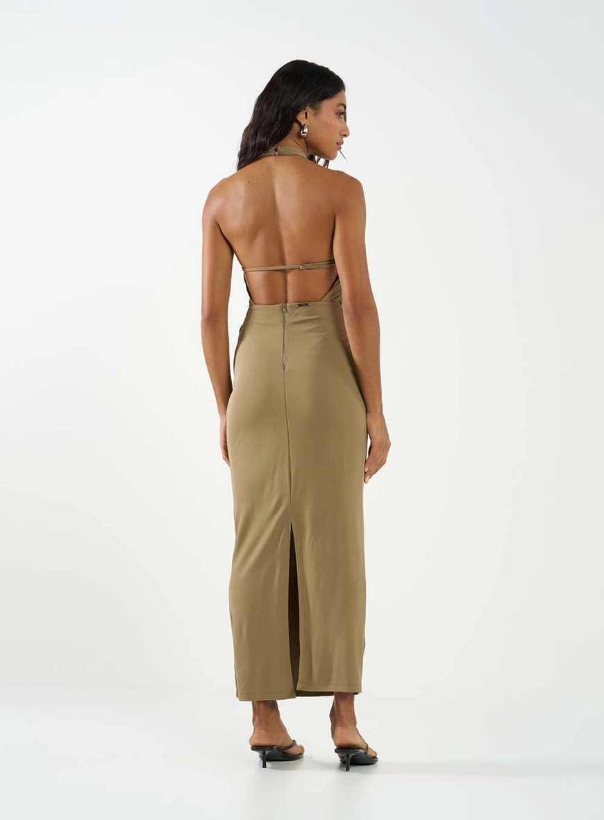 Vestido Slim Midi Decote Costas Bege 4