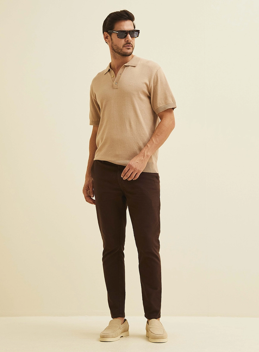 Polo Masculina Em Tricô Bege