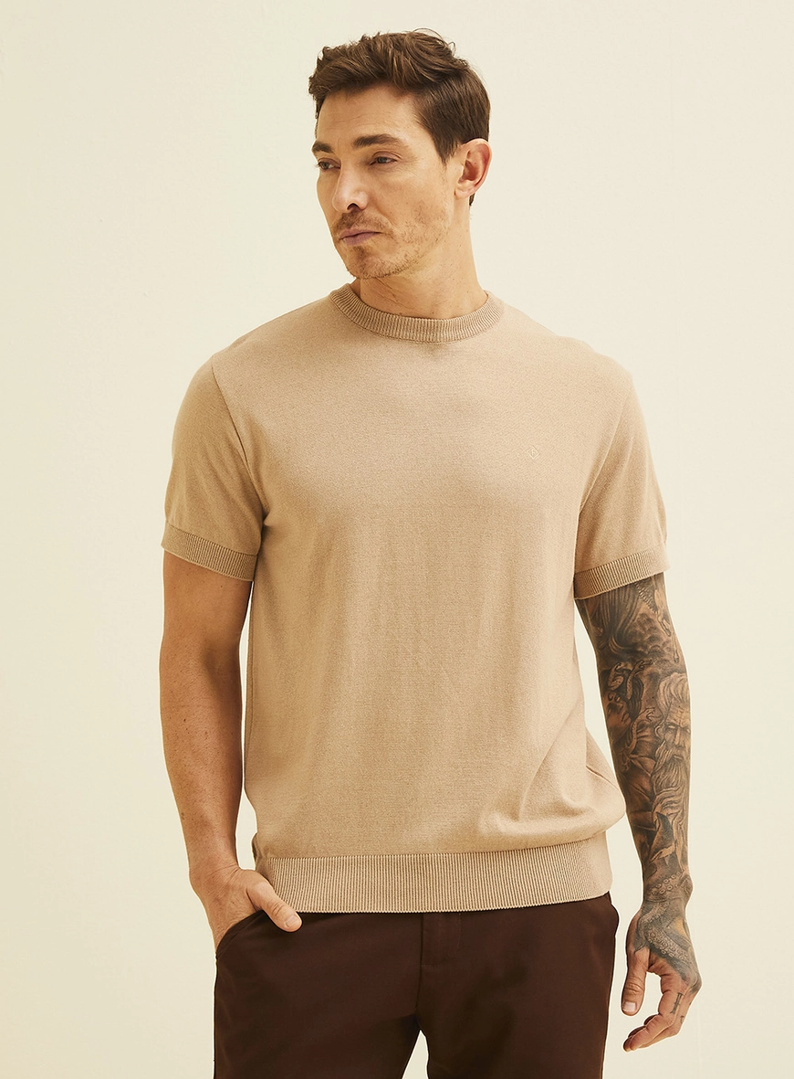 Camiseta Em Tricô Slim Bege 2